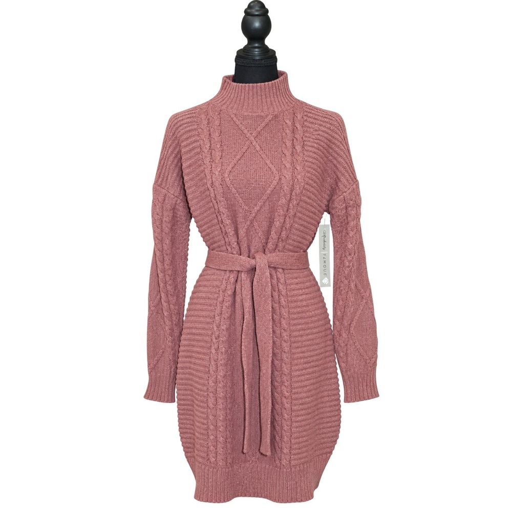 Absolutely Famous Cable Knit Mock Neck Belted Sweater Dress Womens M Mauve NWT